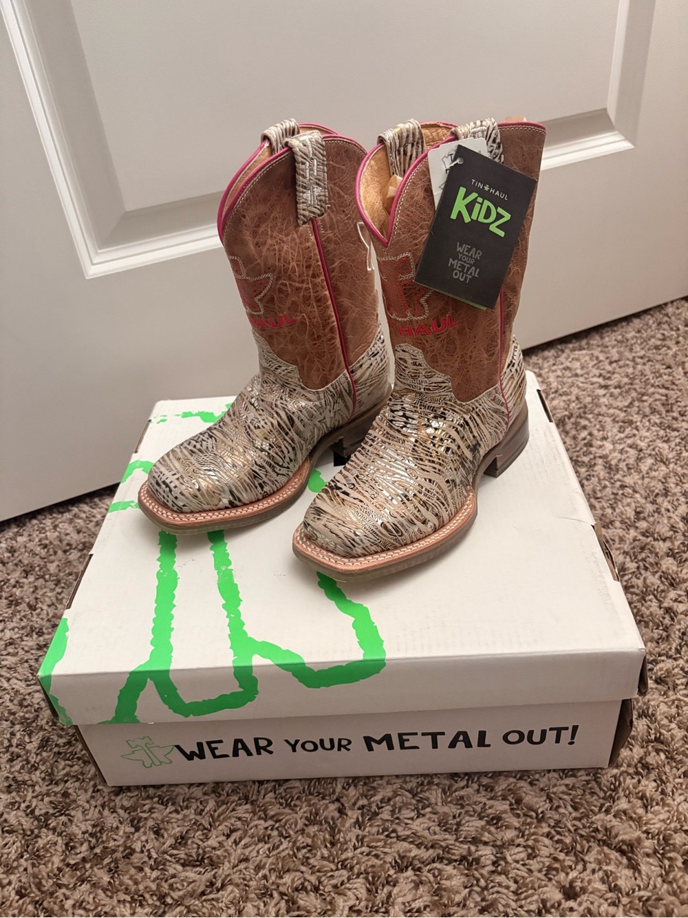 Tin Haul Kidz Metallic Silver & Brown Western Boots with Pink Trim